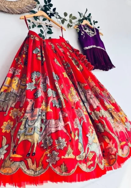 Red Chinon Silk Kalam Kari Printed Lehenga for Kids