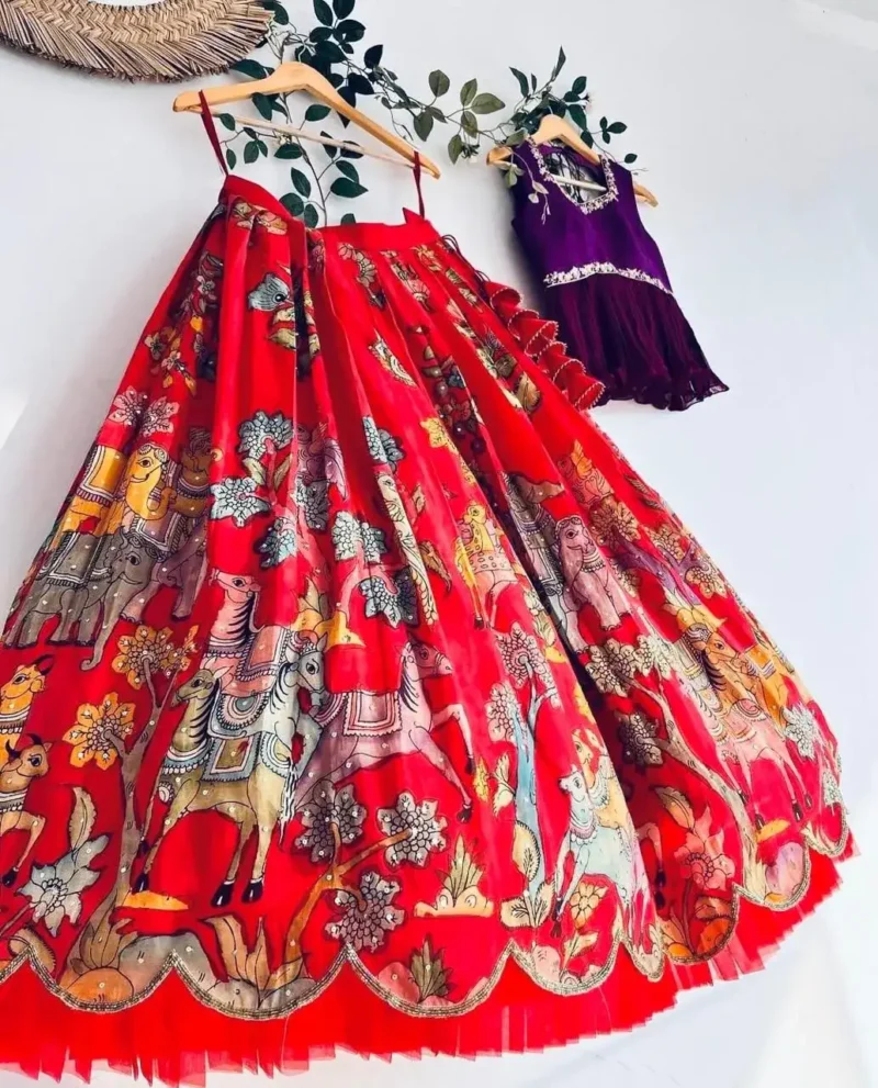 Red Chinon Silk Kalam Kari Printed Lehenga for Kids