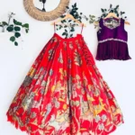 Red Chinon Silk Kalam Kari Printed Lehenga for Kids