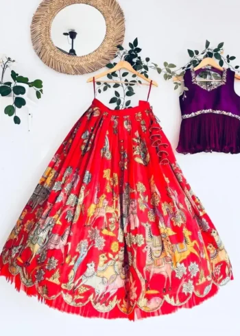 Red Chinon Silk Kalam Kari Printed Lehenga for Kids