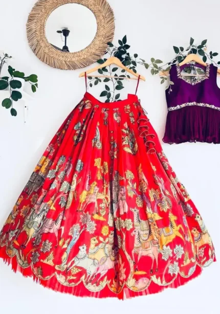 Red Chinon Silk Kalam Kari Printed Lehenga for Kids