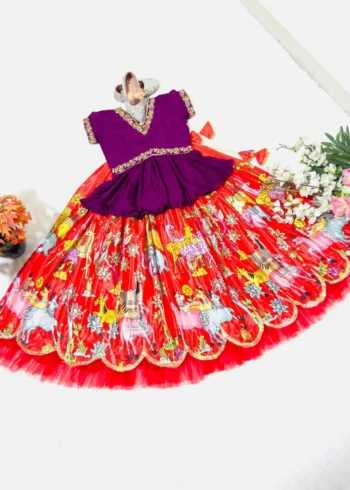 Red Chinon Silk Kalam Kari Printed Lehenga for Kids