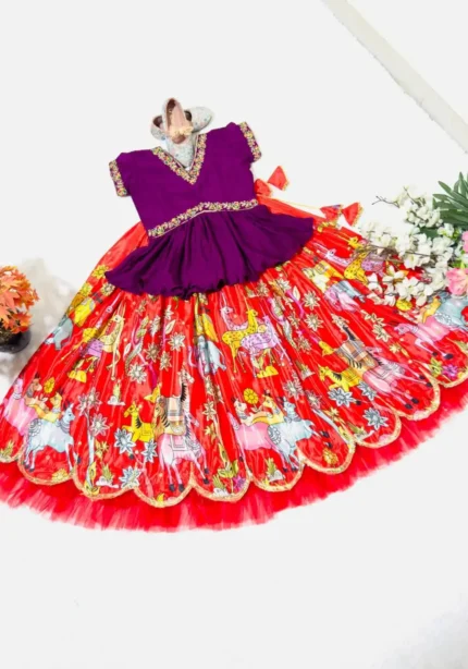 Red Chinon Silk Kalam Kari Printed Lehenga for Kids