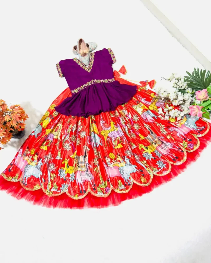 Red Chinon Silk Kalam Kari Printed Lehenga for Kids
