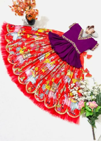 Red Chinon Silk Kalam Kari Printed Lehenga for Kids