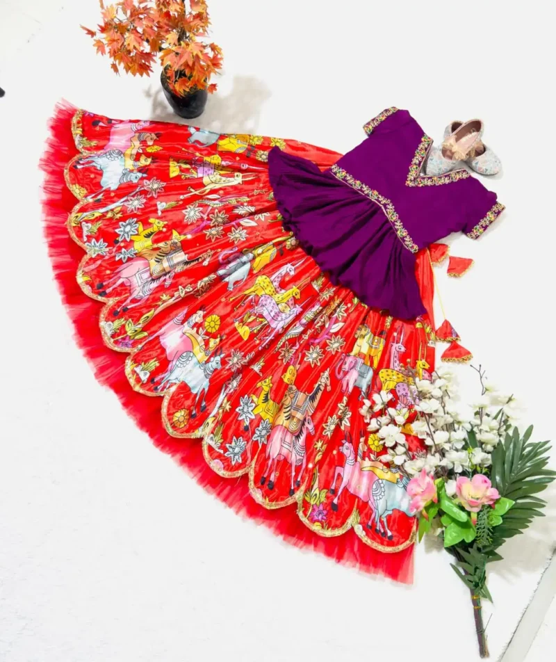 Red Chinon Silk Kalam Kari Printed Lehenga for Kids