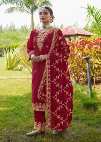 Red Color Designer Sequins Embroidered Chinon Suit for Wedding