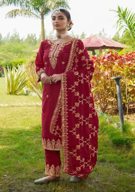 Red Color Designer Sequins Embroidered Chinon Suit for Wedding