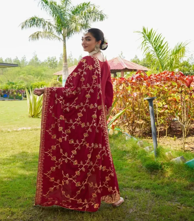 Red Color Designer Sequins Embroidered Chinon Suit for Wedding