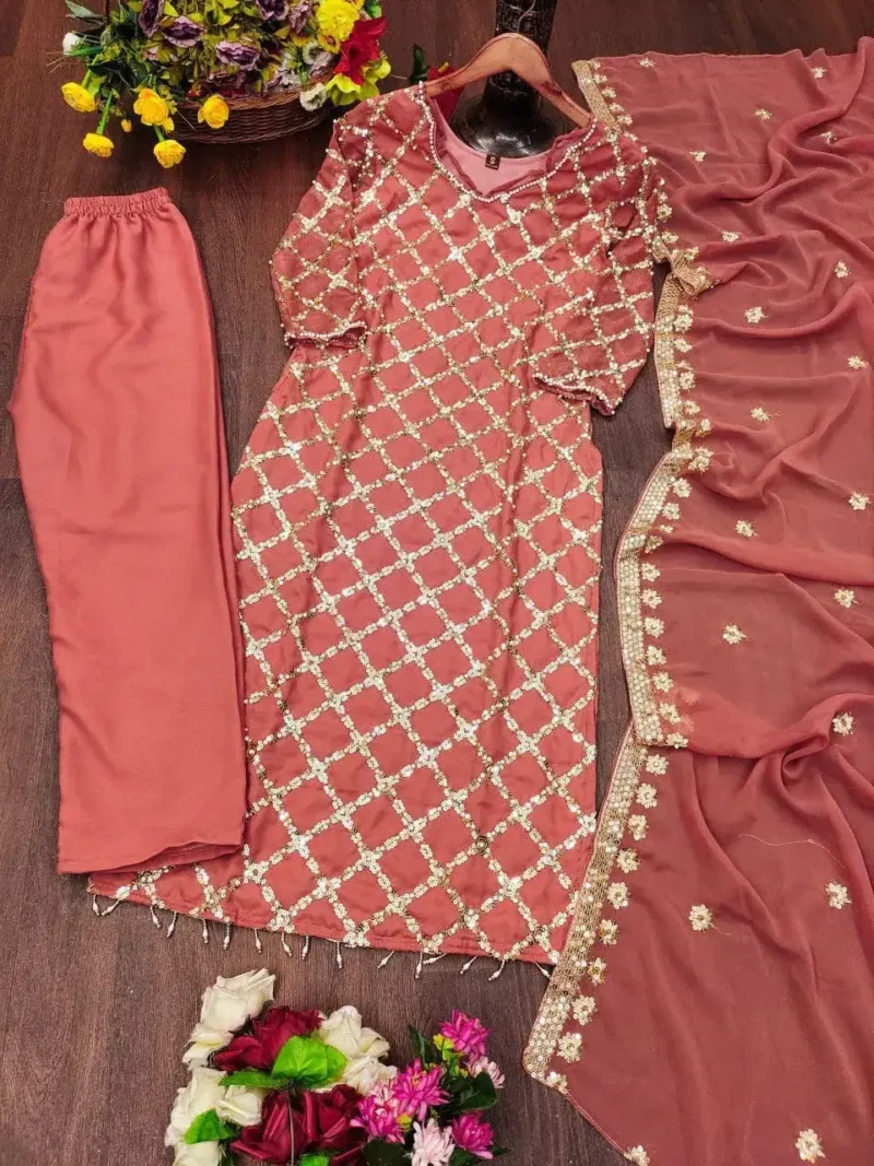 Rivet Moti Sequence Embroidered Faux Georgette Designer Suit