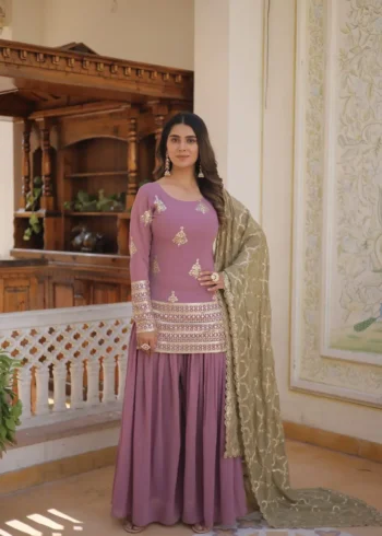 Round Neck Sequins Embroidered Designer Kurti & Palazzo