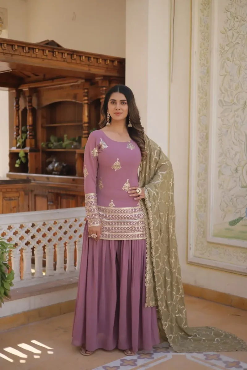 Round Neck Sequins Embroidered Designer Kurti & Palazzo