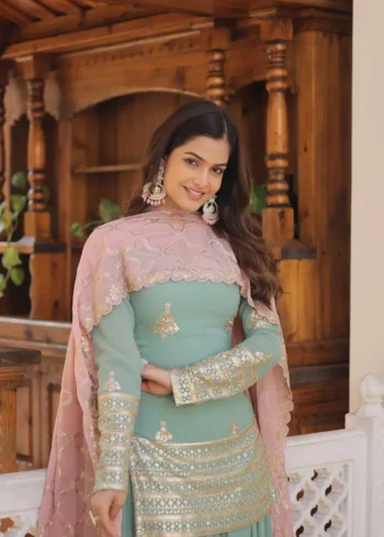 Round Neck Sequins Embroidered Designer Kurti & Palazzo
