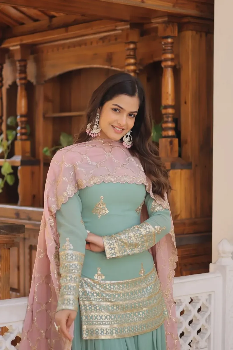 Round Neck Sequins Embroidered Designer Kurti & Palazzo
