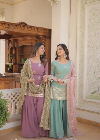 Round Neck Sequins Embroidered Designer Kurti & Palazzo