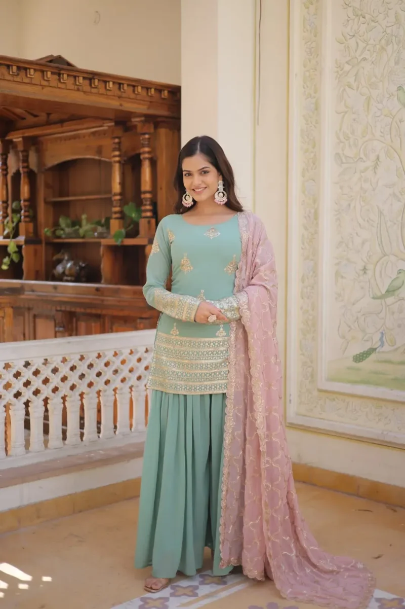 Round Neck Sequins Embroidered Designer Kurti & Palazzo