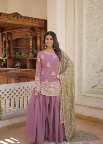 Round Neck Sequins Embroidered Designer Kurti & Palazzo