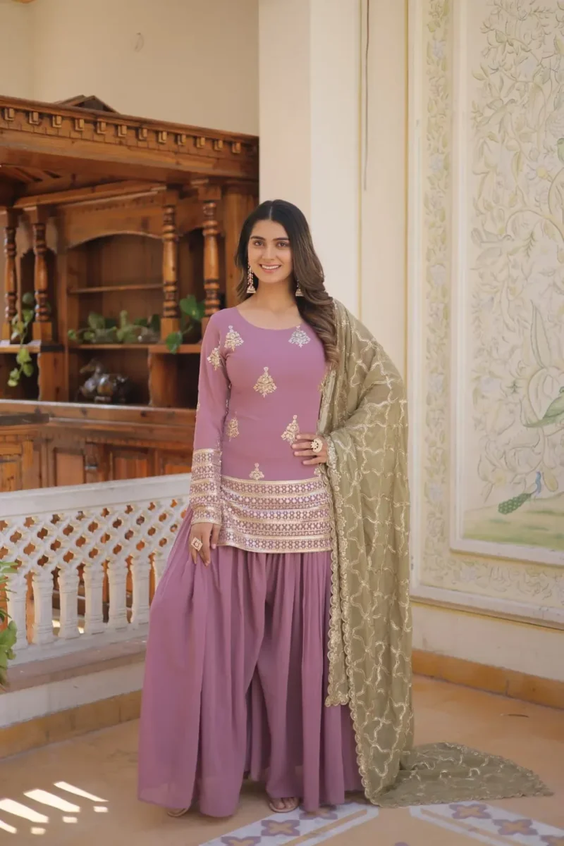 Round Neck Sequins Embroidered Designer Kurti & Palazzo
