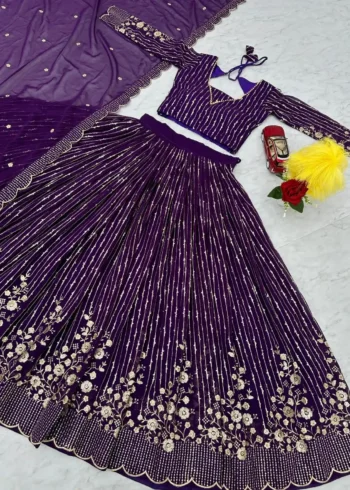 Sequence Embroidery Work Fox Georgette Lehenga for Wedding