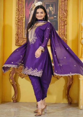 Sequence Embroidery Work Chinon Dhoti Suit