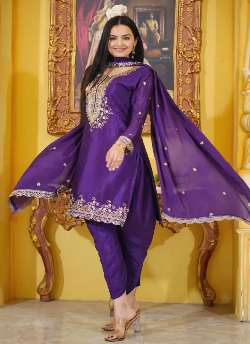 Sequence Embroidery Work Chinon Dhoti Suit