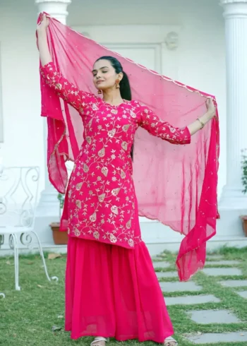Magenta Sequence Embroidery Work Faux Georgette Sharara Suit