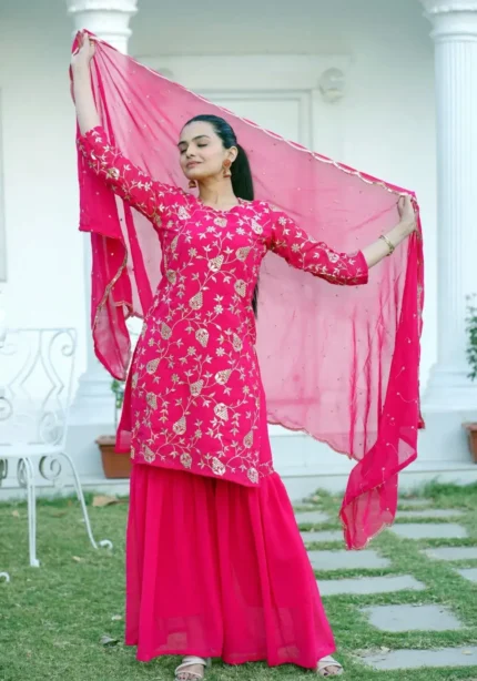 Magenta Sequence Embroidery Work Faux Georgette Sharara Suit