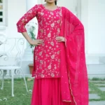 Magenta Sequence Embroidery Work Faux Georgette Sharara Suit