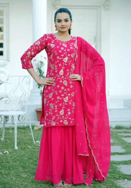 Magenta Sequence Embroidery Work Faux Georgette Sharara Suit