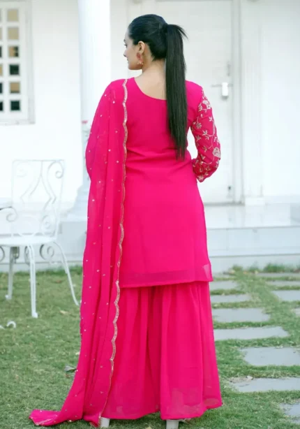 Magenta Sequence Embroidery Work Faux Georgette Sharara Suit