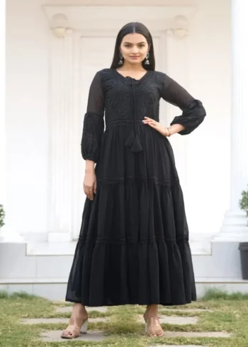 Sequence Embroidery Work Fox Georgette Black Designer Gown