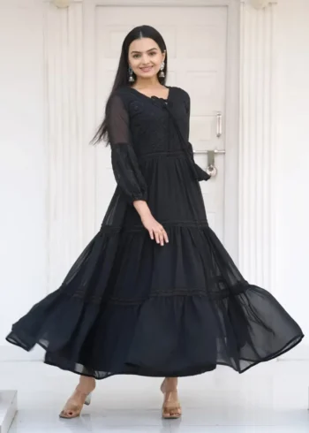 Sequence Embroidery Work Fox Georgette Black Designer Gown