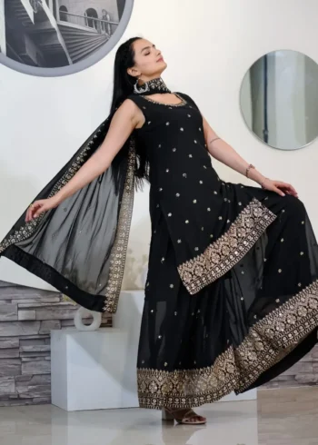 Sequence Embroidery Work Faux Georgette Black Party Suit
