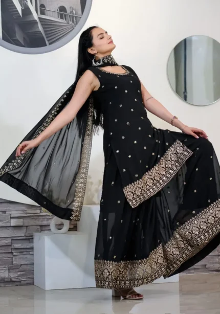 Sequence Embroidery Work Faux Georgette Black Party Suit