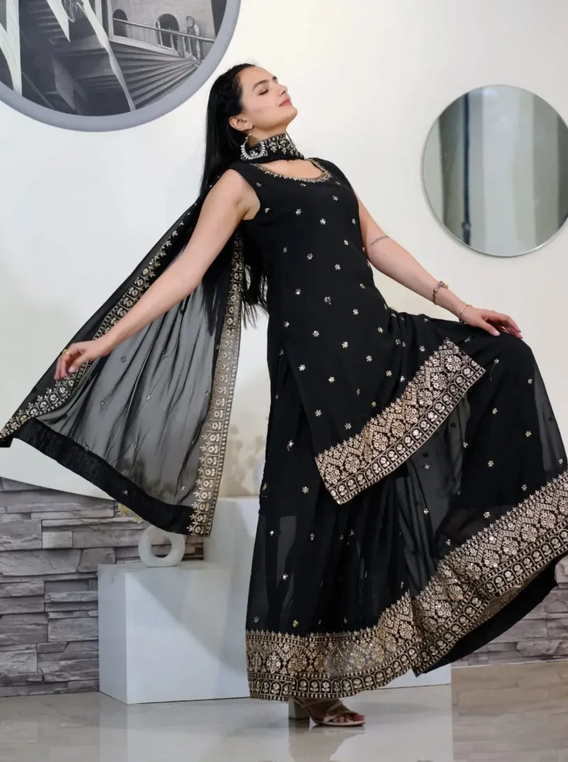 Sequence Embroidery Work Faux Georgette Black Party Suit