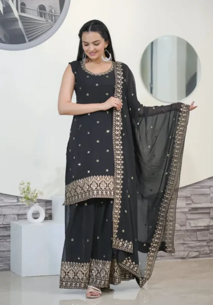 Sequence Embroidery Work Faux Georgette Black Party Suit