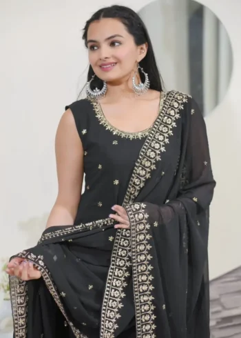 Sequence Embroidery Work Faux Georgette Black Party Suit