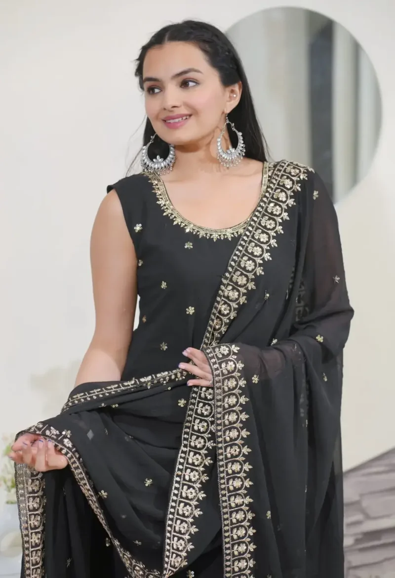 Sequence Embroidery Work Faux Georgette Black Party Suit