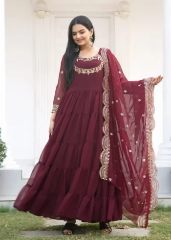 Sequence Embroidery Work Georgette Maroon Gown for Party