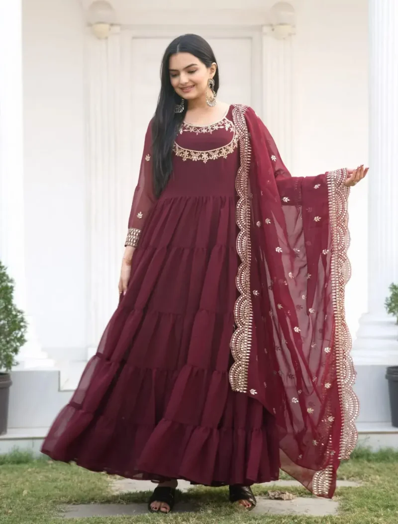Sequence Embroidery Work Georgette Maroon Gown for Party