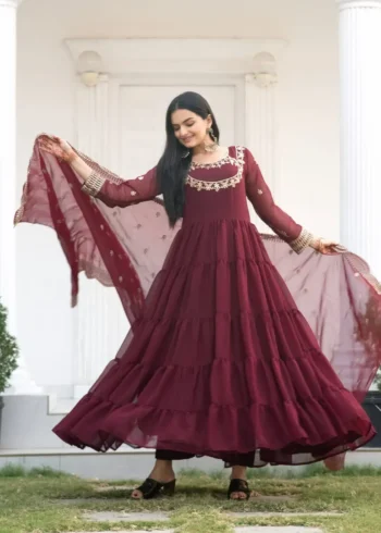 Sequence Embroidery Work Georgette Maroon Gown for Party