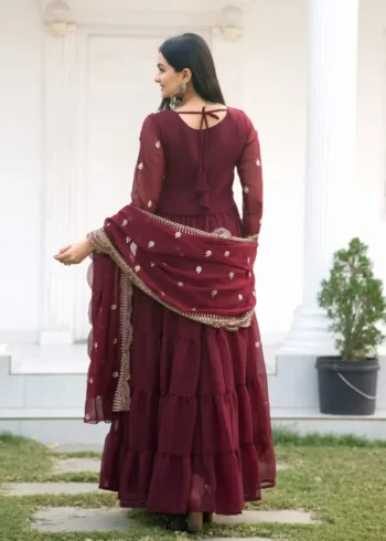 Sequence Embroidery Work Georgette Maroon Gown for Party