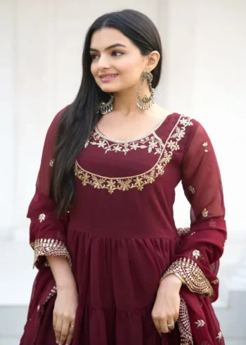 Sequence Embroidery Work Georgette Maroon Gown for Party