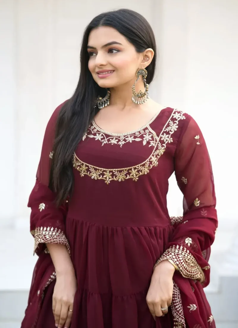 Sequence Embroidery Work Georgette Maroon Gown for Party
