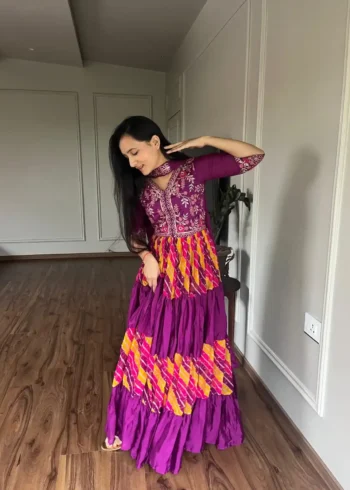 Sequence Embroidery Work Leheriya Gown & Dupatta Set