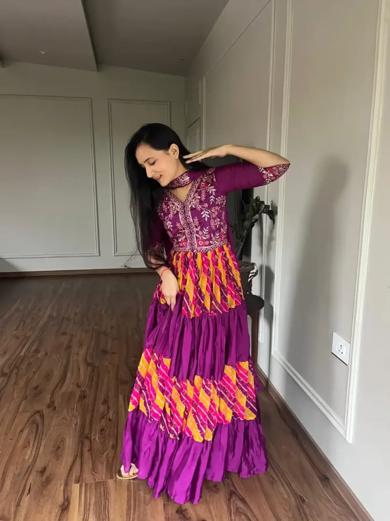 Sequence Embroidery Work Leheriya Gown & Dupatta Set