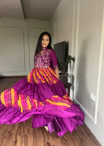 Sequence Embroidery Work Leheriya Gown & Dupatta Set