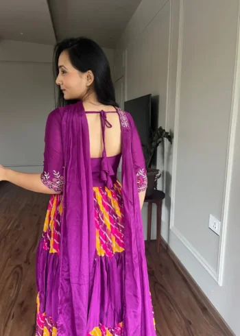 Sequence Embroidery Work Leheriya Gown & Dupatta Set