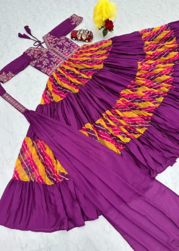 Sequence Embroidery Work Leheriya Gown & Dupatta Set
