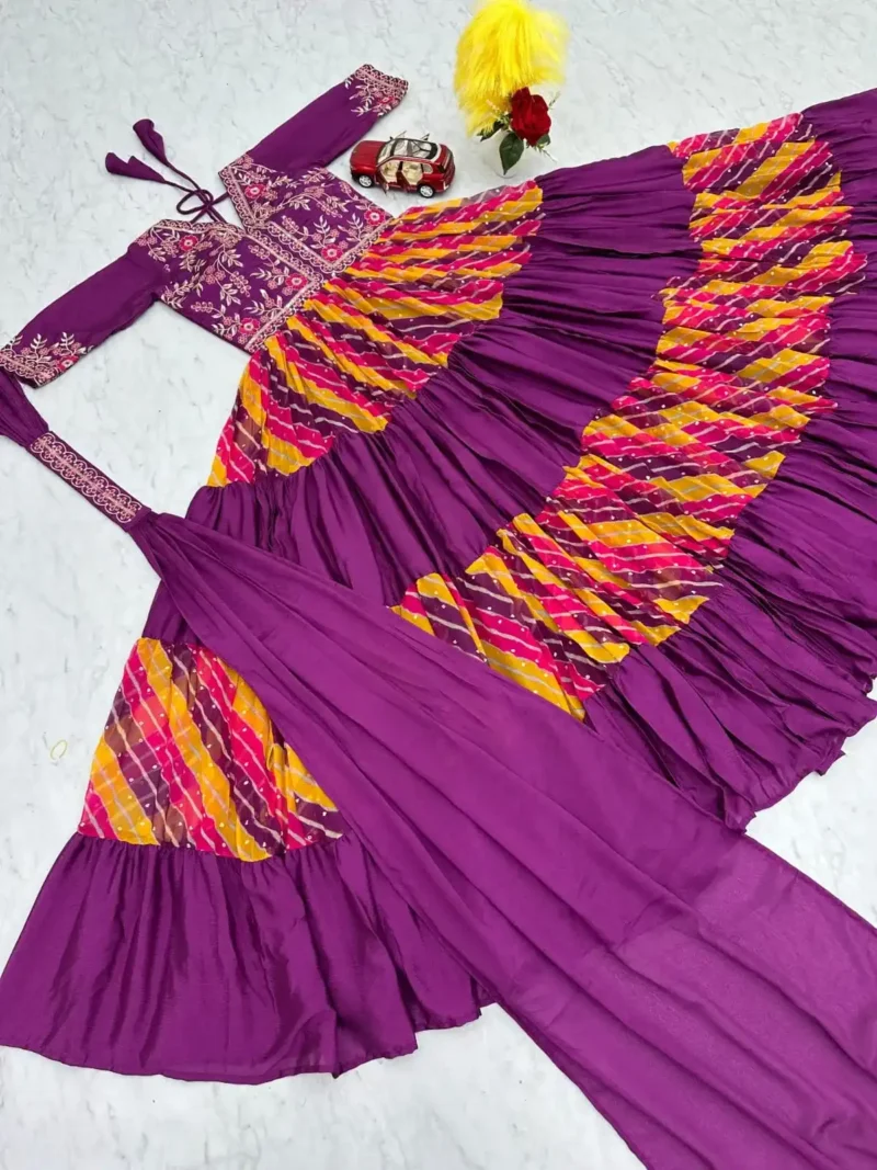 Sequence Embroidery Work Leheriya Gown & Dupatta Set